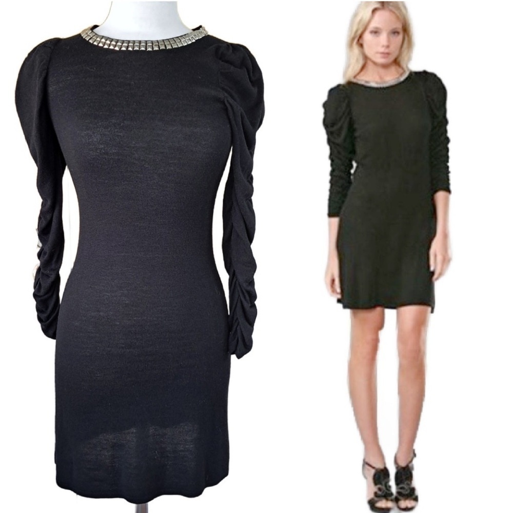 Alice + Olivia Black Long Sleeve Dress with Embellished Collar size medium